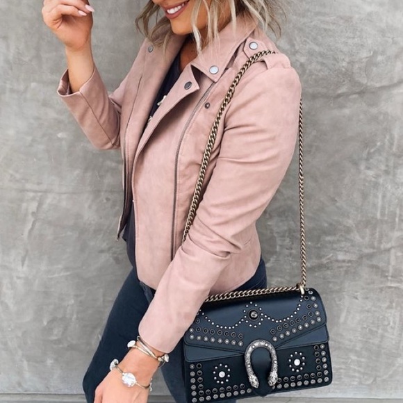 women blush pink moto zip blazer jacket long sleeve motorcycle - Picture 3 of 10